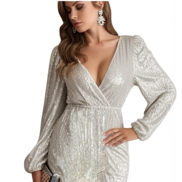AKIRA White Silver Sequin Cocktail Mini Dress Long Sleeve V Neck Size Small NYE - Picture 1 of 11